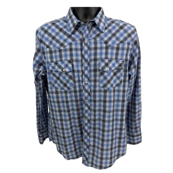Wrangler Other - Wrangler Wrancher Mens Large Blue Plaid‎ Pearl Snap Western Long Sleeve Shirt